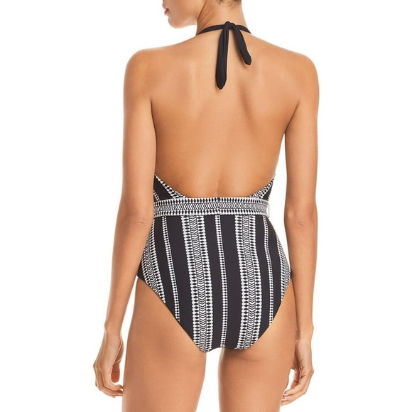 Lemlem Luchia Black with White Embroidery Belted Deep V One Piece Swimsuit - Picture 2 of 10